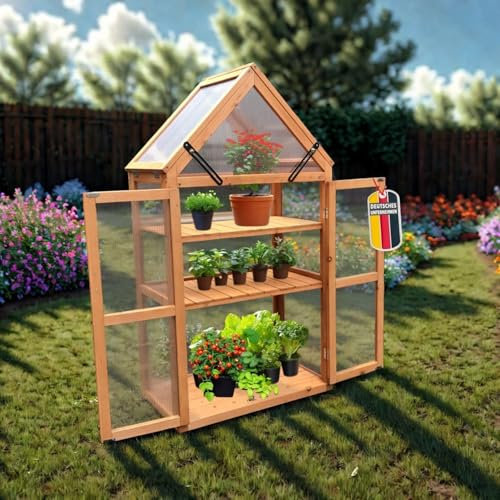 Gewächshaus JAN Treibhaus mit Dachfenster, Türen, Holzkonstruktion mit 3 Etagen, perfekt für Balkon, Terrasse, Garten, Anzuchtbeet LxTxH: ca. 70 x 40 x 132 cm