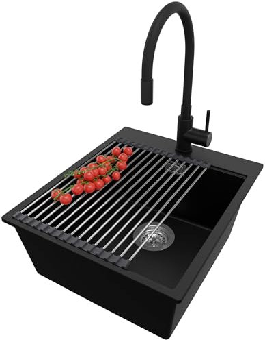 PRIMAGRAN Evier Cuisine en Granit Noir 43x50cm, Lavabo 1 bac + Kit de Vidage + Robinet 40x38cm + Égouttoir Enroulable, Évier à Encastrer au meuble 45cm - Oslo