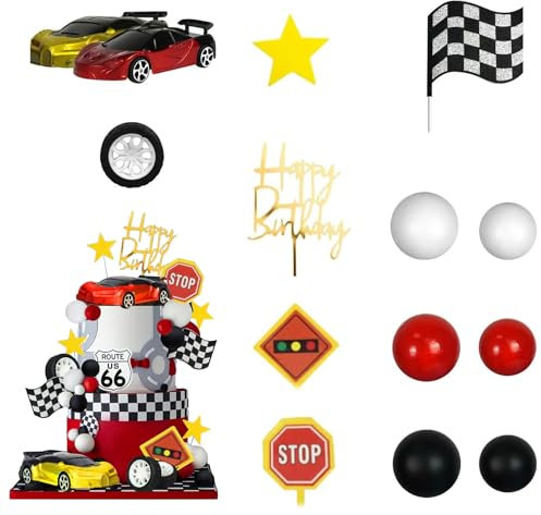 Wasise Car Cake Topper - 31PCS Racing Car Cake Topper Set, Cars Birthday Decorations, Checkered Flag Cupcake Toppers,Happy Birthday Cupcake Toppers Decor for Kids Race Cars Themed Baby Shower Supplies