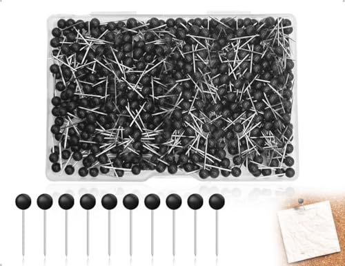 AOYEGIC 500 Stück Map Push Pins mit Rundkopf,Metall Stecknadeln mit Kopf Plastik,Mehrzweck Reißzwecken für Markierung,Schwarzes Brett,Karte,Korkplatte(Schwarz)