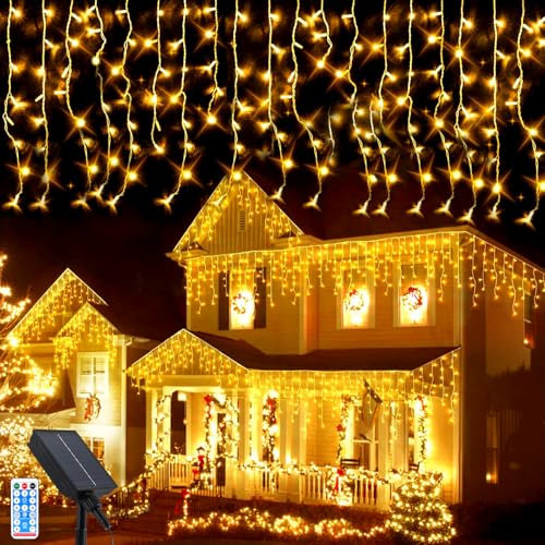 Solare Eiszapfen Lichter, 5M Wasserdicht Eiszapfen Lichterkette, 256LEDs Außen Solar Lichterkette mit 8 Modi Fernbedienung, Weihnachtsbeleuchtung für Hof Garten Party Hochzeit Christmas Dekorationen