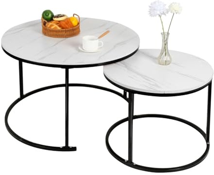 OHMG Lot de 2 Tables Basses gigognes,Table Basse Ronde,Empilable,Design Industriel,Table Basse de Salon,Pieds en métal,Tables de d'appoint,70/50CM Effet marbre (Noir+blanc-70 * 70 * 45cm)