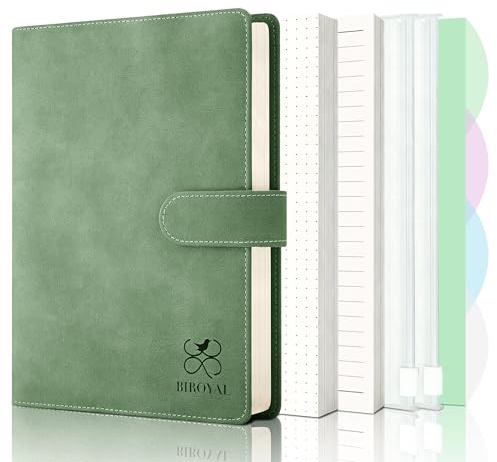 BIROYAL Notizbuch Ringbuch A5 Nachfüllbar, 6 Loch A5 Binder, Grün | PU Ringordner A5 mit 135 Blatt Nachfüllpapier, mehrere Fächer, Flexibel anordnen - Bullet Journal Budget Planner Kalender