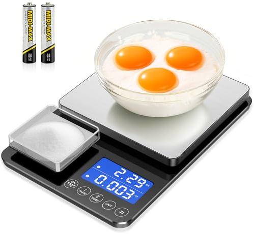 Küchenwaage Digital 15 kg / 0,01 g, Hochpräzise Zweibereichs Waage Küche mit Addierfunktion, Tara-Funktion, 7 Maßeinheiten, Küchenwaage zum Kochen und Brotbacken, inkl. Batterien
