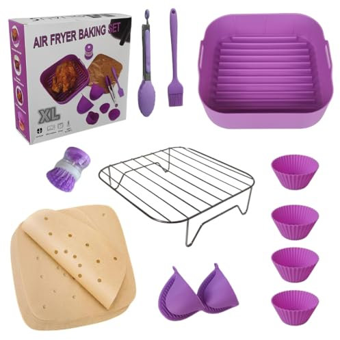Utensilios freidora de Aire 8 Acessórios Air Fryer. Incluye Molde freidora de Aire 22 cm Papel para Air Fryer Brocha Guantes Pinzas freidora de Aire 4 Moldes Muffins y Rejilla airfryer. Pack Morado.