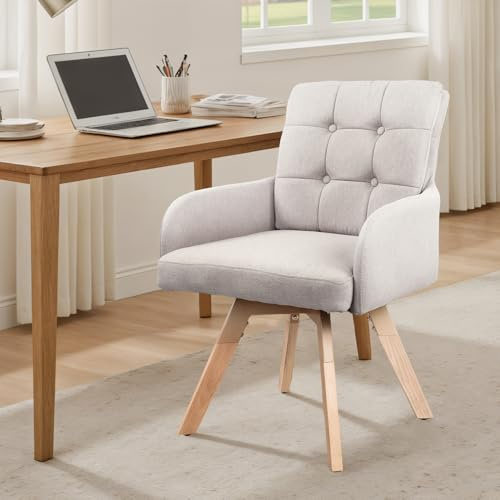 Zouron Sessel Wohnzimmer Drehbar Beige, Küchenstühle Polsterstuhl Armlehnstuhl Drehbar mit Armlehnen Rückenlehne Baumwollen Lein Buchenholzbeine 120Kg Belastbar