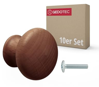 Gedotec 10 Stück Möbelknopf URSULA Holz Nussbaum dunkel Ø 35 mm mit Messinggewindeeinsatz Schraube M4×25 mm | Massivholz Knopf Möbelgriff Holzknauf Schrankgriff Schubladengriff Kommodengriff
