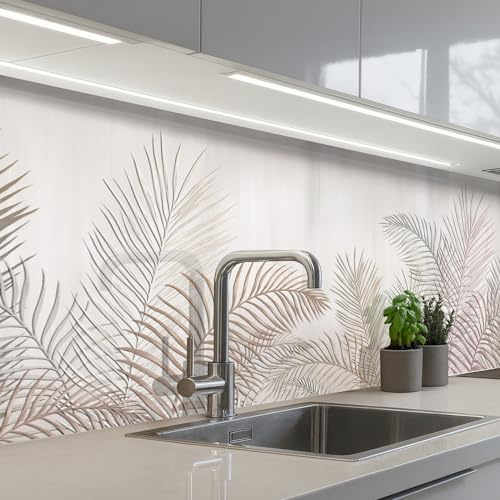 KitchenYeah© Rückwand Küche Rückwandschutz Selbstklebend Spritzschutz | 60x200 cm - Küchenrückwand Küchenfront Küchen Selbstklebende Küchenrückwände Blätter - Beige - Botanisch - Vintage