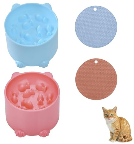 2Pcs Raised Slow Feeder Cat Bowls with Anti-Skid Mat, Raised Cat Bowls for Neck Support, Elevated Pet Food Dishes for Pets Cats Dry Wet Food(Blue, Pink)