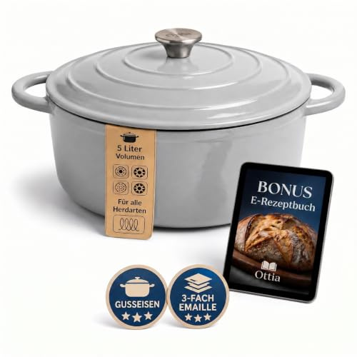 Ottia Gusseisen Topf [inkl. eBook] – Emaille Topf 26cm - Dutch Oven, Brotbackform, Brotbacktopf, Schmortopf Bräter mit Deckel, Bratentopf - auch für Induktion | Händler aus HH, grau