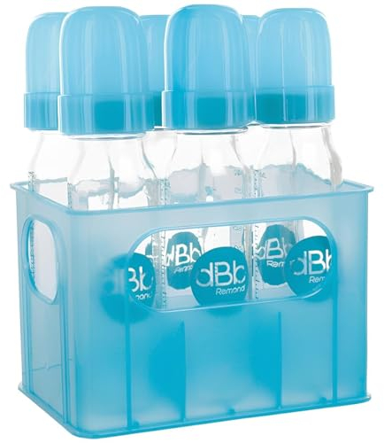 dBb Remond Porte biberons + 6 biberons en verre 240 ml - tétines NN [Nouveau Né] en silicone - Boîte de rangement Biberons – Casier bouteille - Turquoise