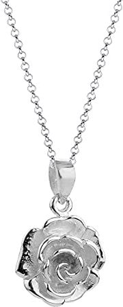 Nenalina Damen Halskette mit Rosen Anhänger 14mm, Halskette für Frauen mit Anhänger, Damen-Silberkette mit Blüte, Blumen-Schmuck für Mädchen, Kette 45 cm mit Karabiner 925 Sterling Silber