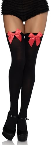LEG AVENUE 6255 - Blickdichte Nylon Overknee Mit Satin Schleife, Einheitsgröße (EUR 36-40), schwarz/rot, Damen Karneval Kostüm Fasching