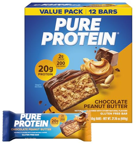 Pure Protein Chocolate Peanut Butter Protein Bars – 20g Protein, 3g Sugar, 190 Calories (12 count) Low Sugar* High Protein Snack - Gluten Free - Perfect for a Healthy Snack