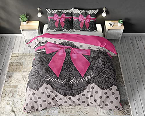 SLEEP TIME Housse De Couette Coton Romance, 220cm x 240cm, avec 2 taie d'oreiller 60cm x 70cm, Rose
