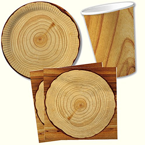 40-teiliges Party-Set * HOLZOPTIK * mit Pappteller + Servietten + Pappbecher + Deko für eine Sommer-Party | Teller Becher Dekoration Kinder Geburtstag Mottoparty Holz Baum Grillen Sommer Wald