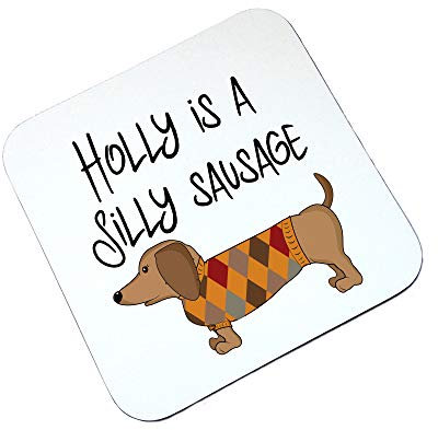 Personalised Sausage Dog Hard Wooden Glossy Coaster – Table Mat & Drink Saver for Kids and Adults