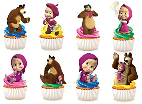 30 x Kuchen-, Backwarendekoration zum Aufstellen aus Esspapier mit Motiv „Mascha und der Bär“
