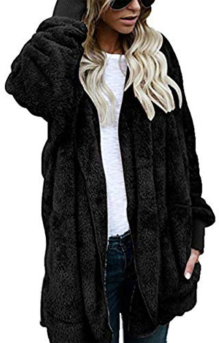 Walant Femmes Manteau Cardigan à Capuche en Peluche Manches Longues Couleur Unie Blouson Veste Outwear Casual Chaud Automne Hiver Parka Hoodie, Noir, XL