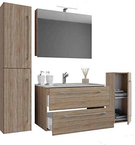 VCM 5-TLG. Set | 1 Waschtisch mit Zwei Schubladen, 1 Spiegelschrank, 1 Waschbecken, 1 Midischrank, 1 Hochschrank | Keramik Waschbecken | hängend Unterschrank 60 cm | Badmöbel Set Waschplatz – Badinos