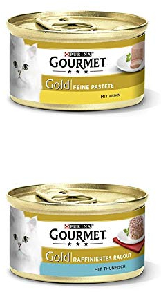 PURINA GOURMET Gold Katzenfutter nass 24er Mix-Pack, Pastete mit Huhn und Ragout Thunfisch, (2 x 12 x 85g)