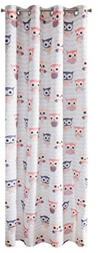 Eurofirany Eulen Kindervorhang Glatt 8 Ösen Weich Vorhänge Gardinen Modern Kids Schlafzimmer Kinderzimmer, Weiß + Rosa, 140X250cm