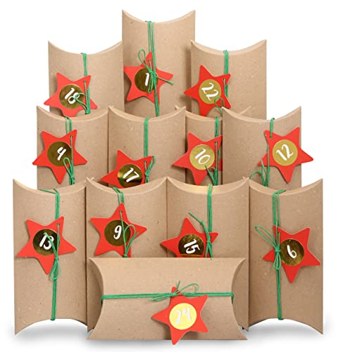 Papierdrachen Adventskalender 2024 - Pillowboxen - mit Deko-Etiketten und Zahlenaufklebern - Weihnachtszeit - gold - 24 Kissenschachteln aus Karton - DIY Adventskalender zum Befüllen und Gestalten