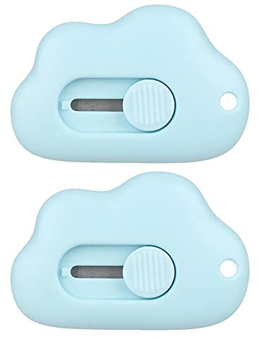 Froiny 2pcs Mini Cloud Utility Knife Automatic 9mm Steel Blade Paper Cutter Opener for Letter Box Wrapping Cutting School, Blue
