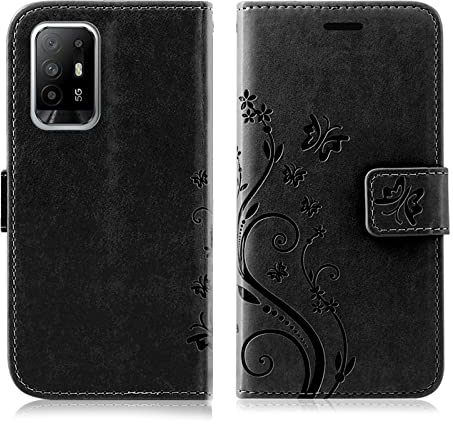 betterfon Hülle Kompatibel mit Oppo A94 5G | Premium PU Leder Handyhülle Wallet Case für A94 5G | Schutzhülle Blumen Klapphülle Handyhülle | Schwarz