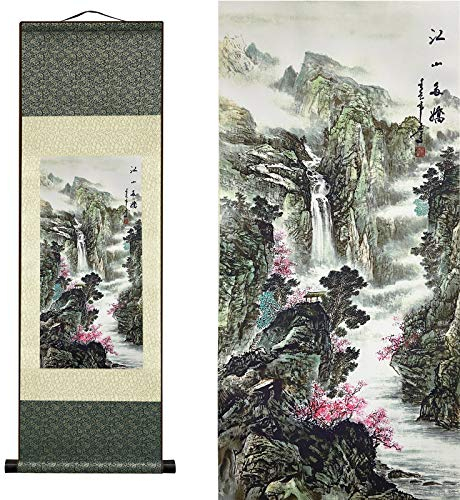 Valart Rollbild aus Seide Asiatisch Wand Dekoration Wasserfall Fluss Landschaft Gemälde - Jiang Shan Duo Jiao Schön Chinesische Kunstwandrolle Hängende Bildrolle Orientalisches Dekor(36.2x 12 Zoll)