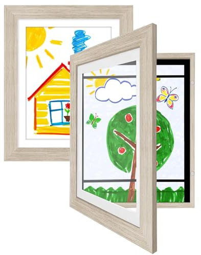 Americanflat Cadre Dessin Enfant à Changer A4 Bois Flotté avec Passe-Partout et 25,5 x 32 cm sans Passe-Partout - Cadres avec Ouverture Frontale Pouvant Contenir 100 Pièces - Lot de 2