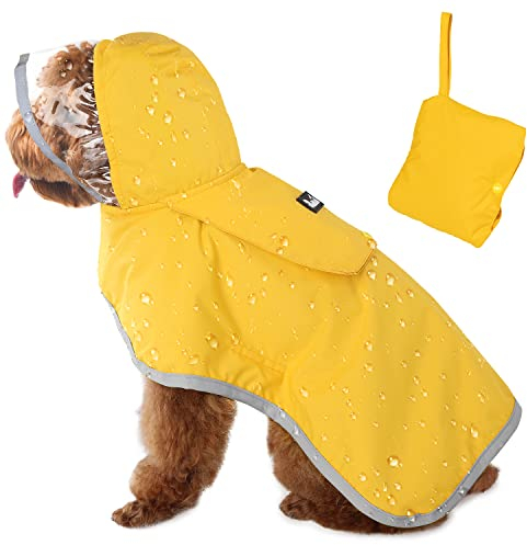 SlowTon Regenmantel Hund wasserdicht, durchsichtige doppellagige Regenjacke Hund mit Kapuze für kleine, mittlere und große Hunde, reflektierendem Streifen und Aufbewahrungstasche(M)