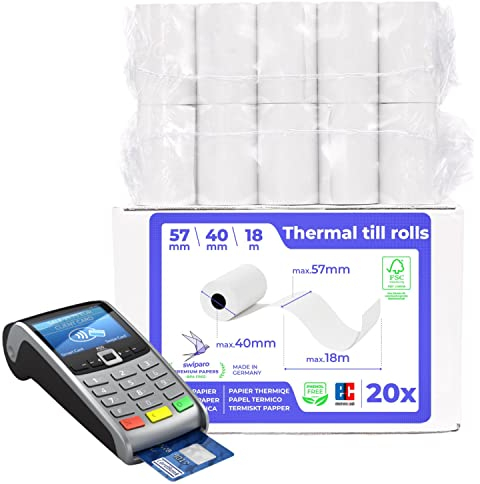 SWIPARO - Rouleau tpe 57mm x 18m x 12mm – Rouleaux pour terminal carte bancaire – Bobine papier thermique 57x40x12 (20 Bobines)