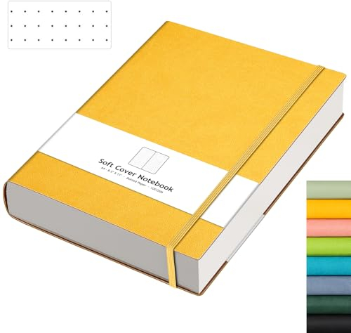 AHGXG Bullet Dotted Journal – großes A4-Notizbuch, gepunktet, 21,6 x 27,9 cm, 320 Seiten, Punktraster-Notizbuch, 100 g/m² dickes Papier, Leder-Softcover, mit Tagebuch-Schablonen, Innentasche – Gelb