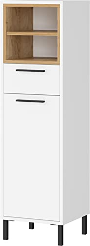 Germania Armoire de Salle de Bain Moyenne 1787-513 GW-Loria, avec Une Porte et Un tiroir, Amortisseur de Porte, en Blanc/chêne, 34 x 119 x 34 cm (l x h x p)