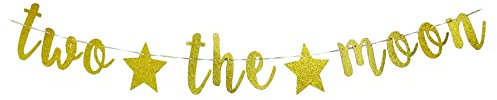 Guysckfi Two the Moon Banner - To The Moon Party Schild, Goldfarbene Glitzerwörter, 2. Geburtstag Weltraum Party Dekoration, Ca. 162 cm x [Breite] cm
