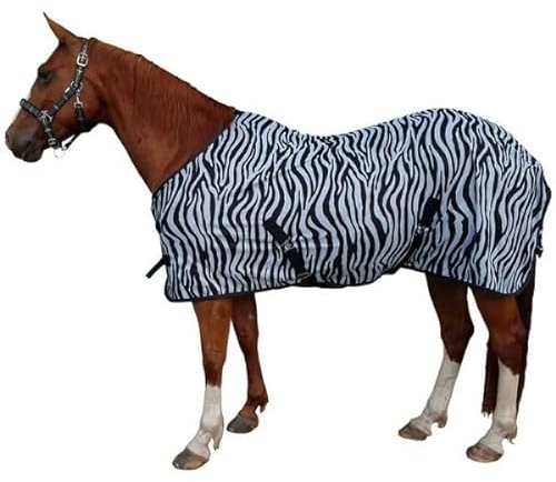 Brama-West Pferde Fliegendecke mit Kreutzgurt Zebra Pferdedecke Schutz vor Insekten - schwarz/weiß, Gr. 135