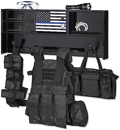 BUYYAH Police Gear Stand, Police Hanger, Tactical Duty Gear Rack with 3 Hooks, Free-Standing All Iron Frame Police Gift Decor with Flag, Black, Come Home Safe