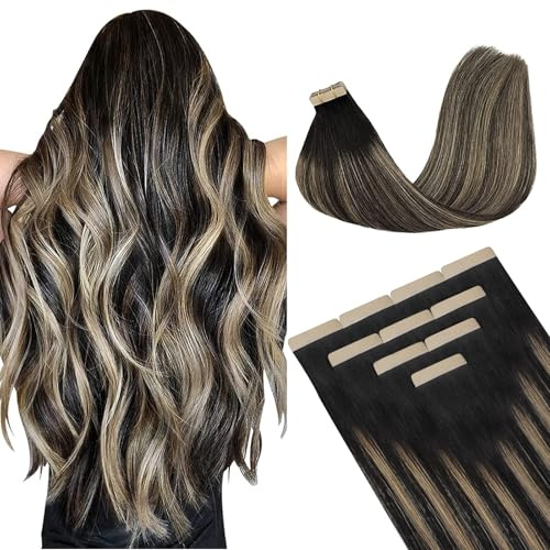 DOORES Tape Extensions Echthaar Echtes Leicht Tape In Extensions #1b/19/1b | 35cm Balayage Natürliches Schwarz bis Hellblond Unsichtbar, Nahtlose Skin Weft FÜR Frauen, Alltagstauglich Mehr Länge Fülle