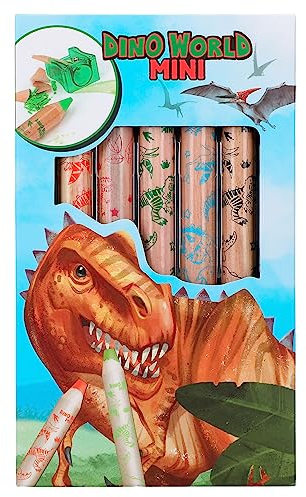 Depesche 12180 Dino World - Mini Dino Buntstifte, 5 dicke Farbstifte inkl. Anspitzer