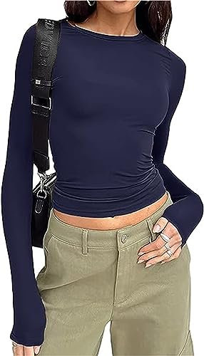 Geagodelia Women's Navy Blue S Size Crop Long Sleeve Skin Tight Fitting Crew Neck T-Shirt Stretch Slim Fit Basic Top Y2K Aesthetic Clothes Going Out Top