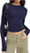 Geagodelia Women's Navy Blue S Size Crop Long Sleeve Skin Tight Fitting Crew Neck T-Shirt Stretch Slim Fit Basic Top Y2K Aesthetic Clothes Going Out Top