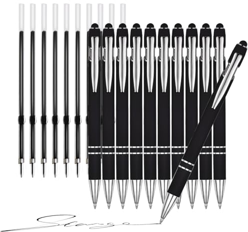 Mooshy Metall Kugelschreiber Set Schwarze, 10 Stück Kugelschreiber mit 10 Ersatzminen Einziehbarer Kugelschreiber mit Touchscreen Stift Kugelschreiber für Erwachsene Studenten