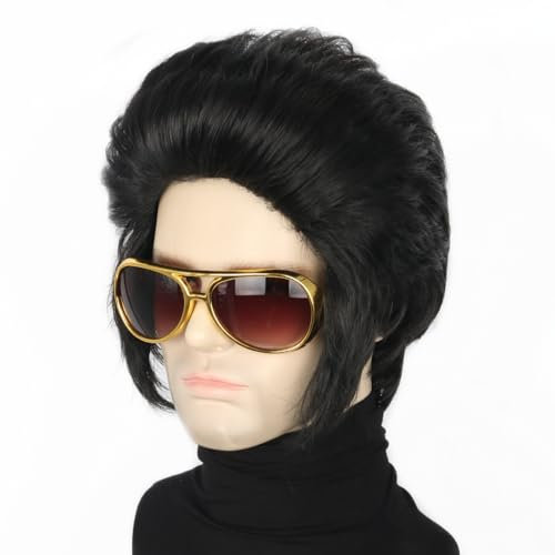 Topcosplay Rock n Roll Perücke 50er Jahre Perücke mit Sonnenbrille Kurze Schwarz Perücke Halloween Kostüme Perücken Pompadour Perücke (Schwarz Perücke mit Sonnenbrille)