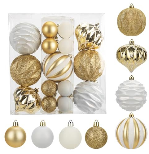 Hollyone 23PCS Weihnachtskugeln Ornamente Set, 10CM und 5CM Christbaumkugeln Set, Bruchsicher Weihnachtsschmuck, Champagner Gold Weiß Hängende Kugeln für Weihnachtsbaum Fest Party
