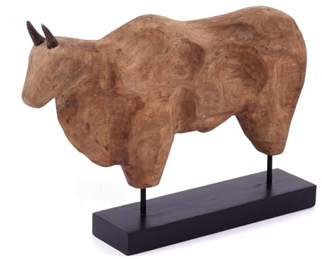 CREEDWOOD DEKO SKULPTUR Bull | 48cm, Mangoholz, Metall | Holz Stier Statue, Dekofigur Bulle, Stier Aufsteller auf Sockel, Toro Skulptur, Tier Figur, Stier Statue