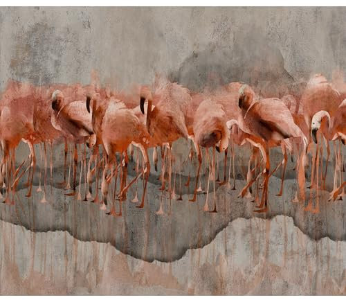 decomonkey - Papier Peint Panoramique Adhésif Animaux 245x175 cm - Stickers Muraux Salon Chambre Déco XXL Autocollant Panoramique - Marron gris orange - Texture flamants roses oiseaux abstraction