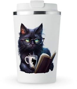 MAXIKIWI - Insulated Double Walled, Leakproof Stainless Steel Mug, Coffee or Tea Travel Tumbler with Lid, Keep Drinks Hot and Cold - Black Cat Reading Book - 350ml