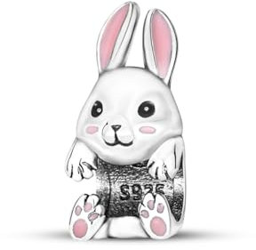 Hapour Cute Rabbit Charm Pink Dangle Pendant Bead 925 Sterling Silver Charms passen auf Armbänder Schmuckgeschenk für Frauen, Familie, Freunde