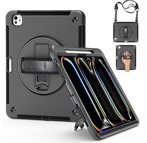 Junfire for iPad Pro 13 inch Case (M4) 2024, Shockproof Rugged Protective Case with Screen Protector/Rotating Kickstand/Hand Strap/Pencil Holder/Shoulder Strap for Apple iPad Pro 2024 Case 13, Black